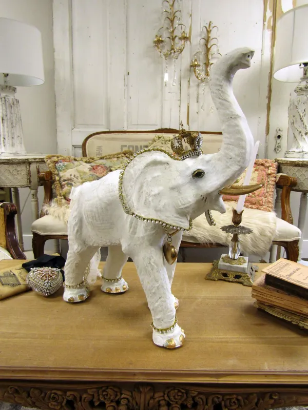 Large white Albino elephant statue with crown, rhinestone jeweled embellished elephant sculpture with gold tusks anita spero design