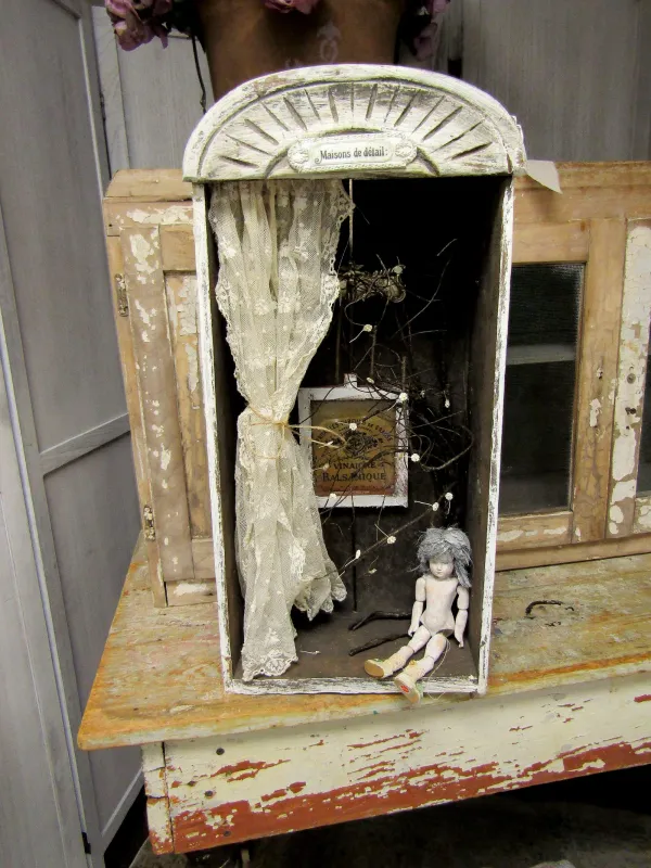 Shabby country shadowbox diorama display, French style oddities scene wall hanging or table decor by anitasperodesign