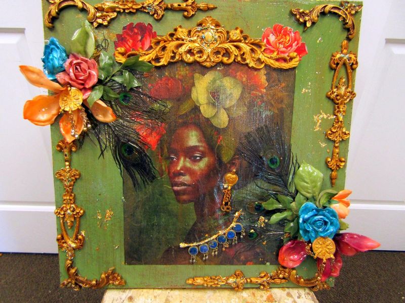 Black African woman art on wood mixed media collage with jewels beautiful ethnic gift or collectible home decor Anita Spero Design