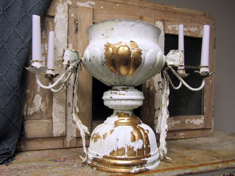 Large candle holder and vase with large metal bow handles French Nordic aged centerpiece table display Anita Spero Design