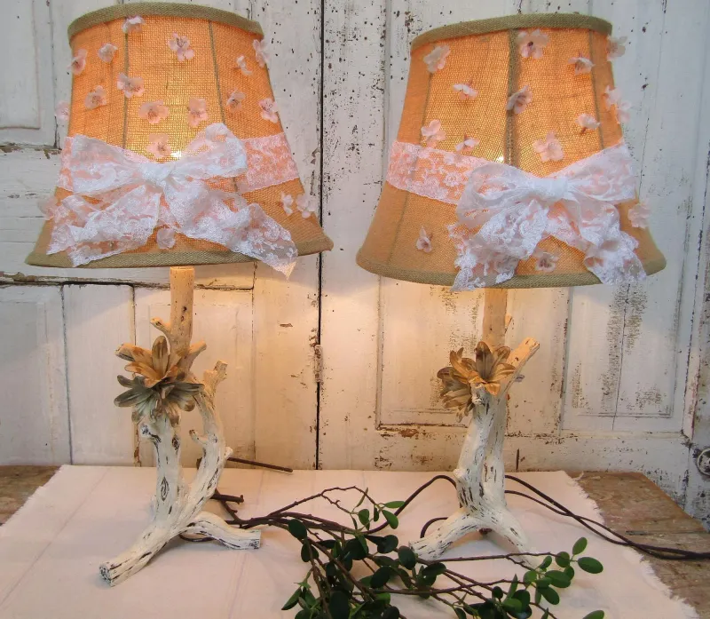 White branch flowers lamp set with burlap shades, altered one-of-a-kind metal floral lamp set by Anita Spero design