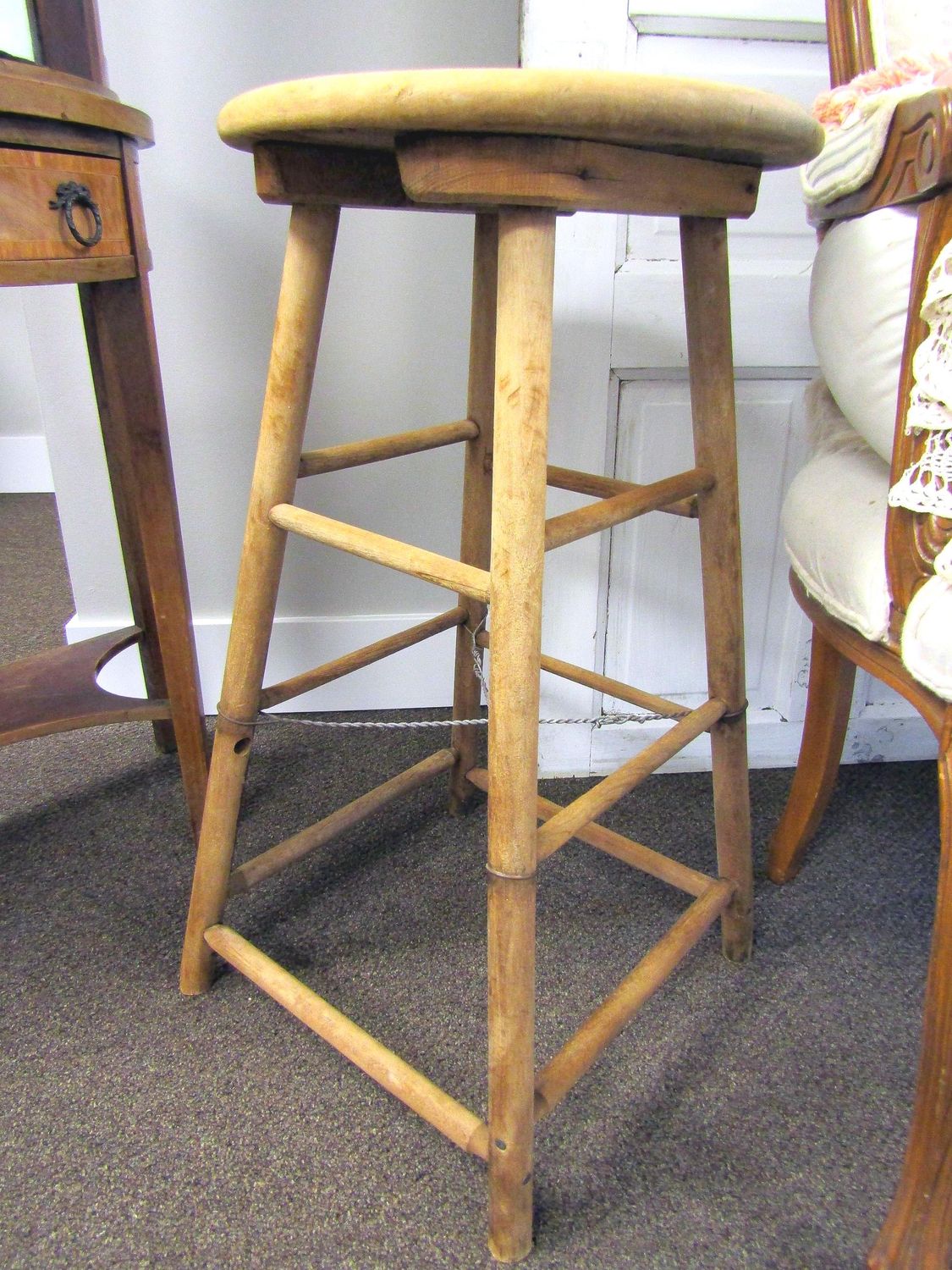 Vintage bare wood stool, rustic farmhouse style by anita spero design