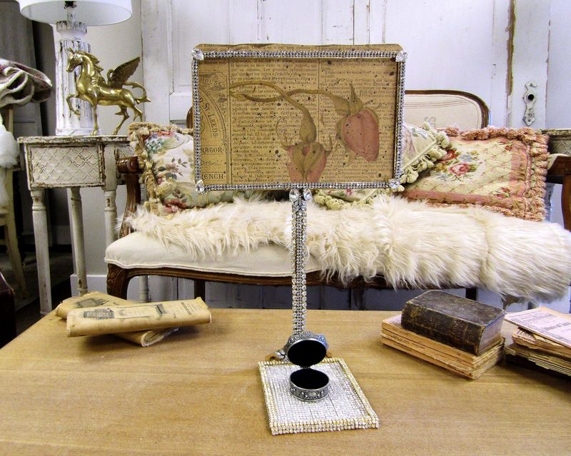 Rhinestone vintage picture frame, jeweled sign holder with trinket box  anita spero design