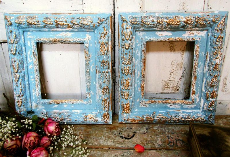 Ornate picture frame set distressed wood gesso, French blue gold by Anita Spero design