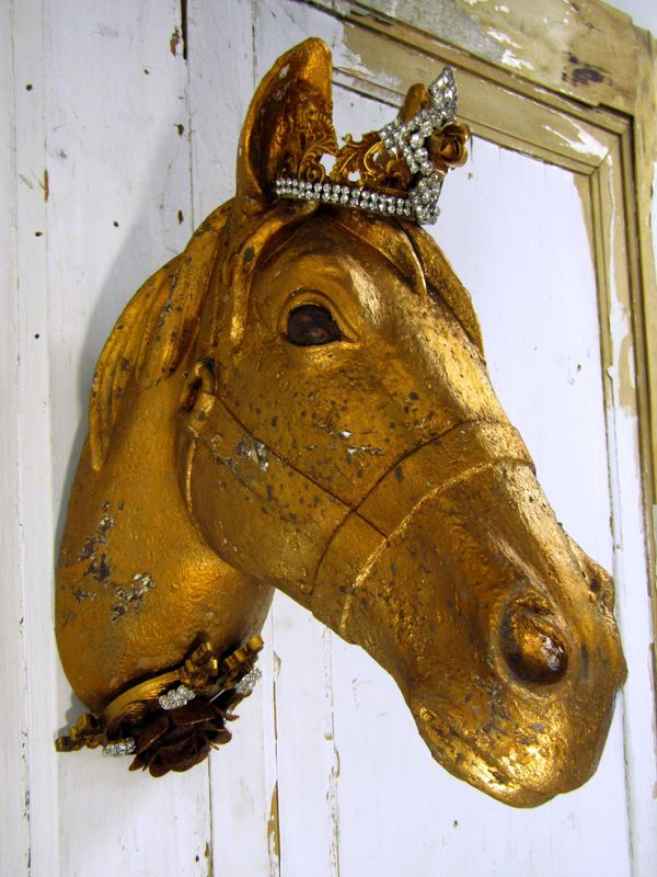 Horse head wall mount decorated and crown distressed painted aged golden bronze shabby to modern anita spero design