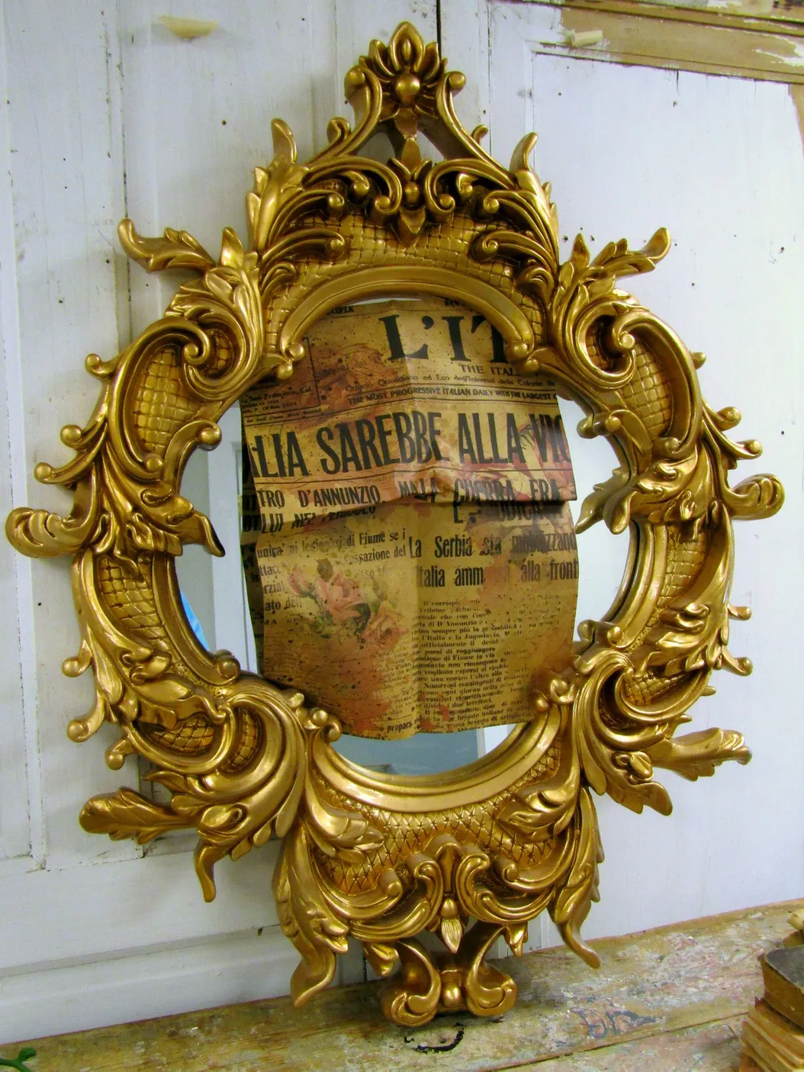 Large gold framed mirror vintage MCM, hand painted with new mirror and backing anita spero design