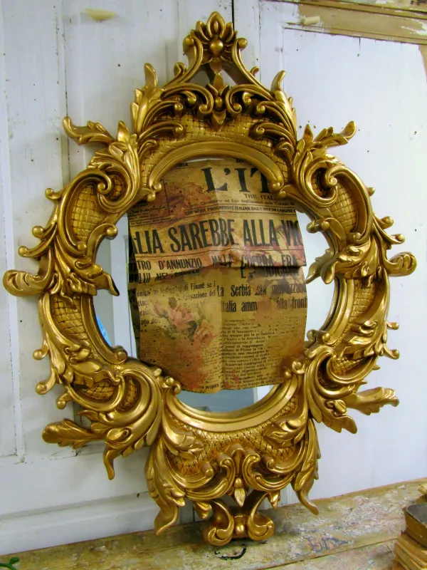 Large gold framed mirror vintage MCM, hand painted with new mirror and backing anita spero design