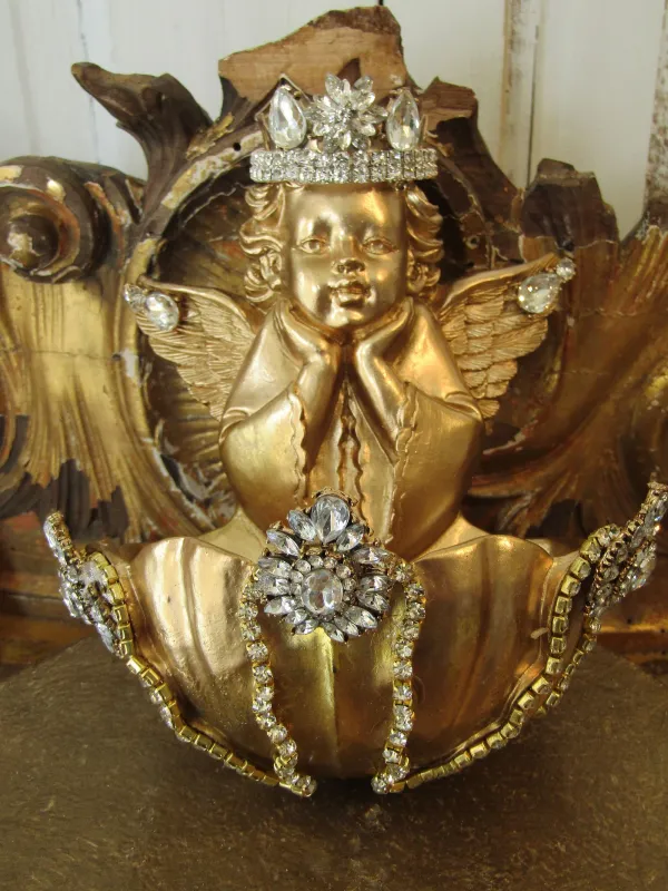 Gold cherub vintage holy water font wall decor embellished in rhinestone jewels, Christmas gift or wall pocket idea anita spero design