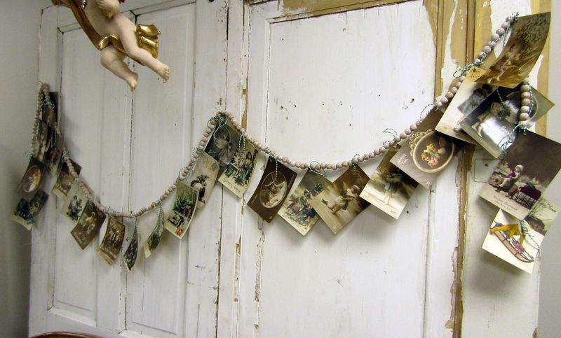 French winter antique postcard garland, Christmas collectible bunting mostly French cards anita spero design