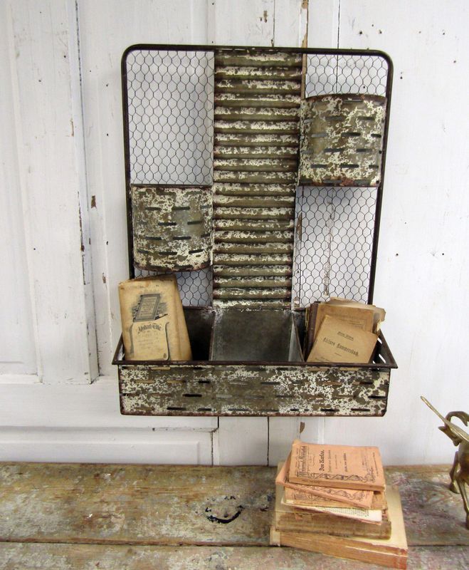 Rustic farmhouse metal wall organizer, tools or garden supplies storage unit distressed painted home decor Anita Spero Design