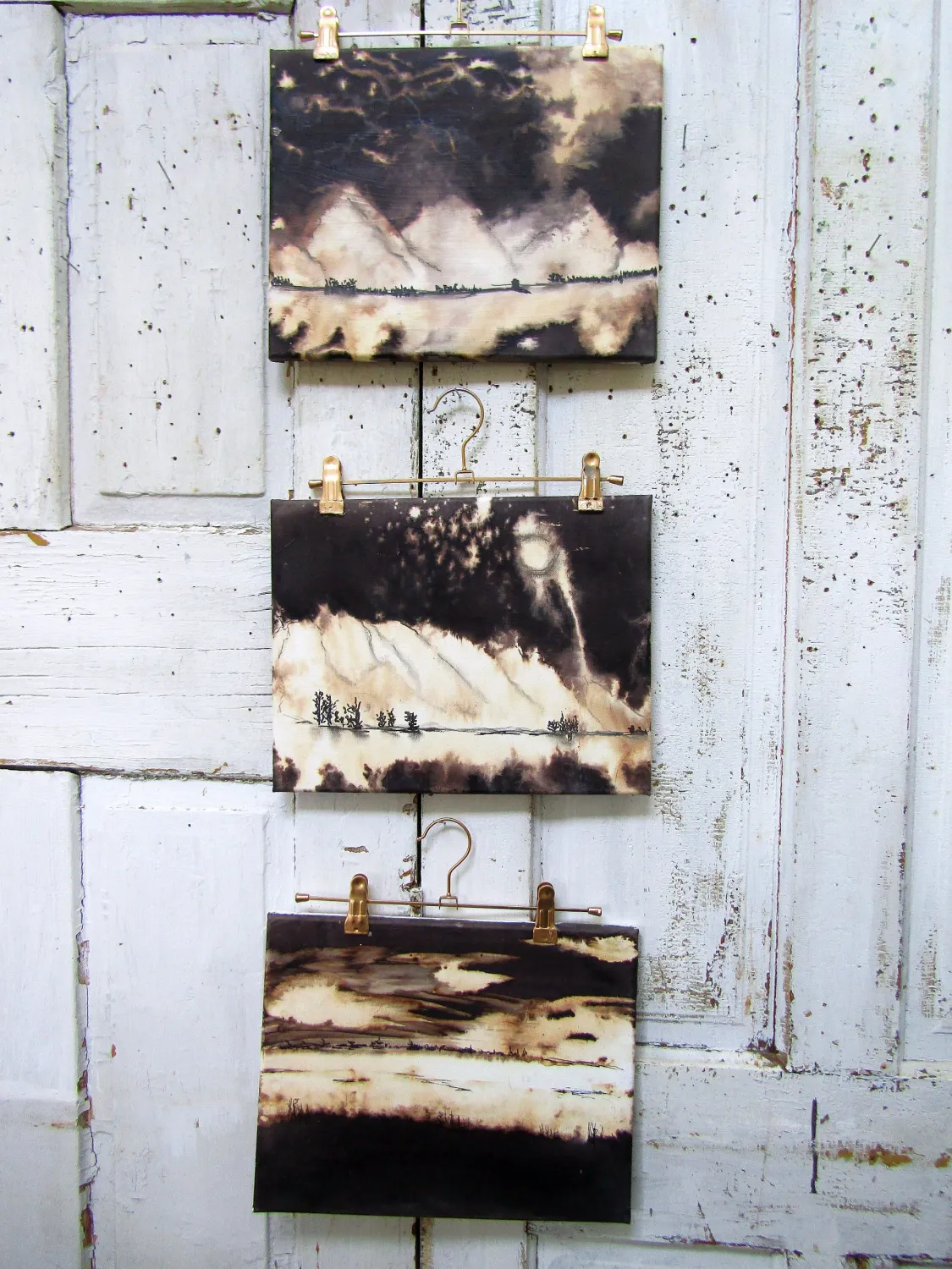 Ink paintings on canvas collection of 3, abstract landscape mix black ink wall art originals by Anita Spero