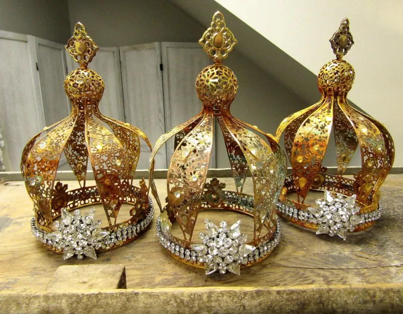 Jeweled metal crowns (set 2) for statues or figurines, aged patina rustic crown home decor or gift ideas anita spero design
