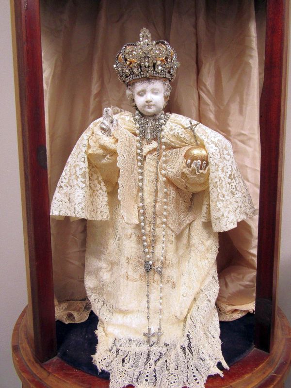 Large antique Infant of Prague statue with rhinestone jeweled crown antique white lace vestment French inspired decor anita spero design