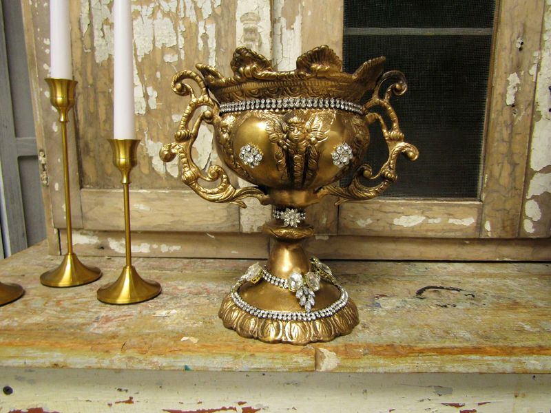 Large jeweled brass/ bronze cherub goblet, antique metal loving cup vase planter table decoration anita spero design