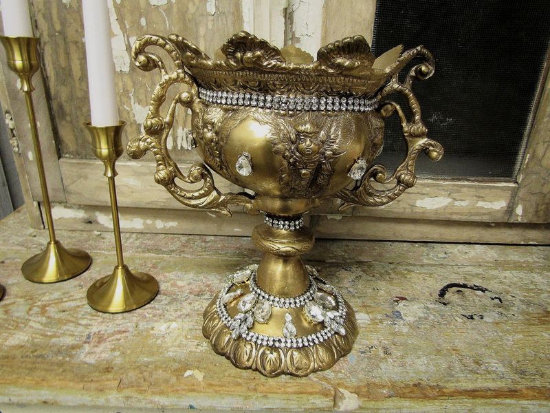 Large heavy goblet vase decor, rhinestone jewel embellished antique pedestal planter ornate loving cup design anita spero design