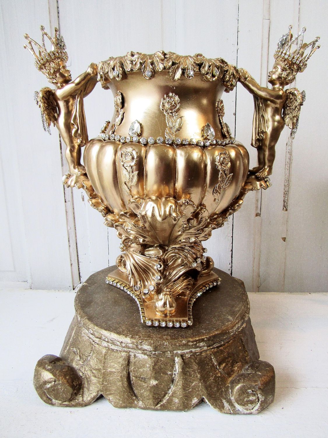 Large table vase with ornate handles embellished cherubs with handmade crowns, roses and rhinestone jewels anita spero design