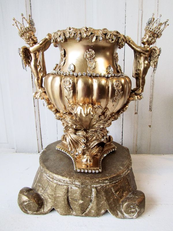 Large table vase with ornate handles embellished cherubs with handmade crowns, roses and rhinestone jewels anita spero design