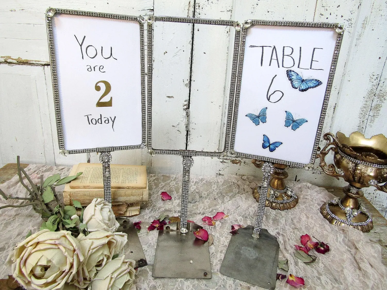 Tall upcycled jeweled metal photo frames or event table placement signs, vintage metal retail sign photo frame holders anita spero design