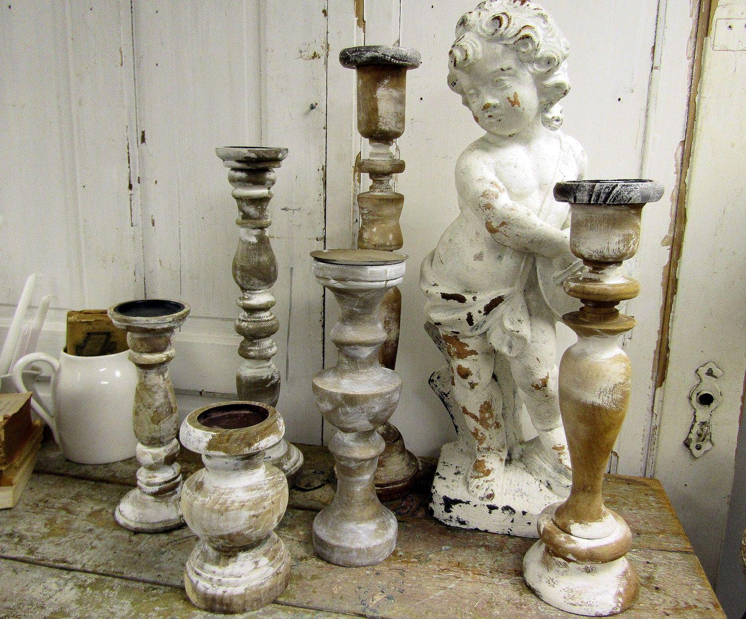 Wood pillar candle holder grouping