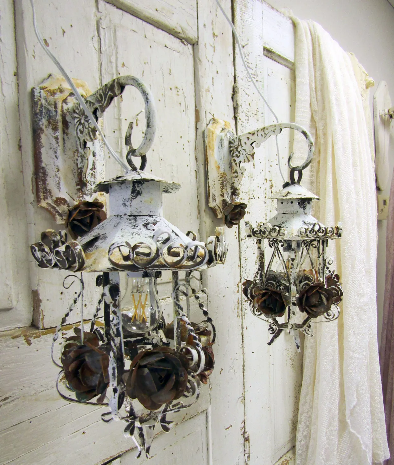 Electric wall sconce lanterns, white distressed rusted lighting