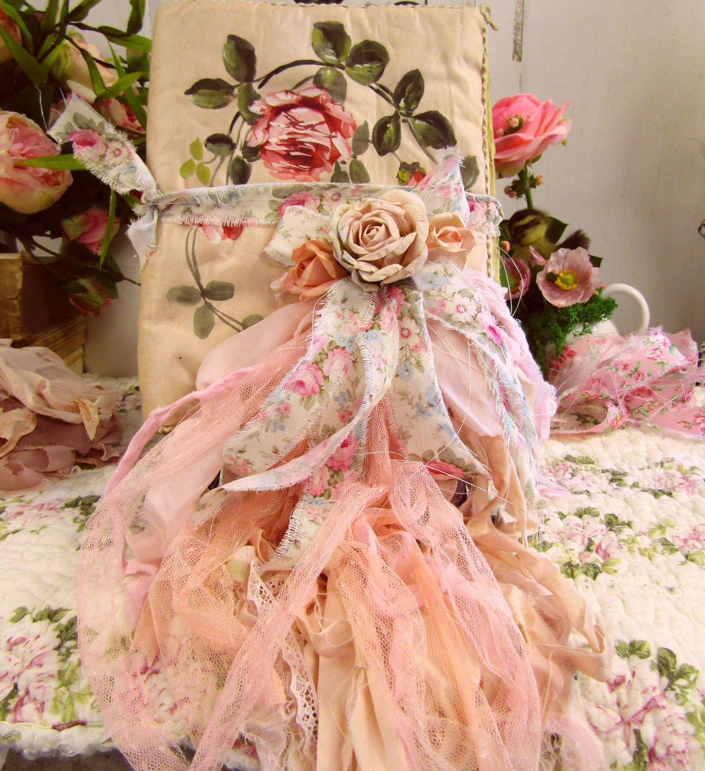 Antique French journal or love notes book, hand Painted Pink Roses Handkerchief stocking holder journal with soft pages Anita Spero Design