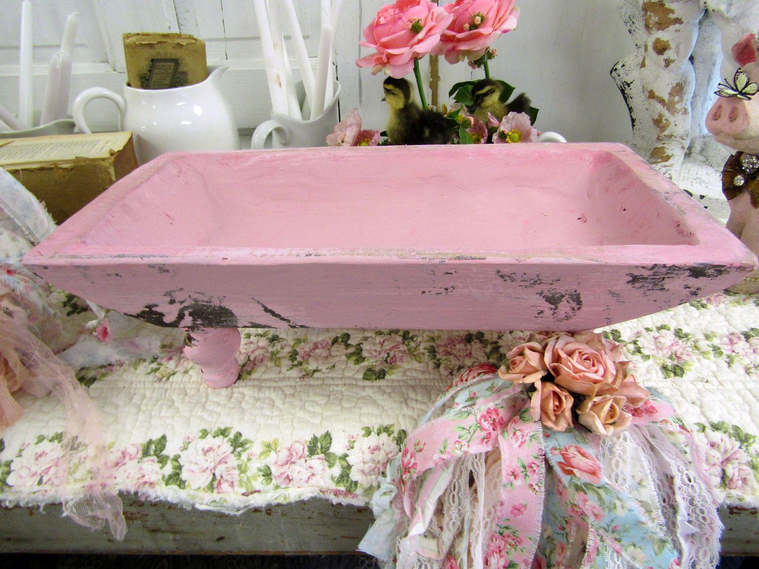 Pink shabby distressed carved bowl with spindle legs by Anita Spero Design