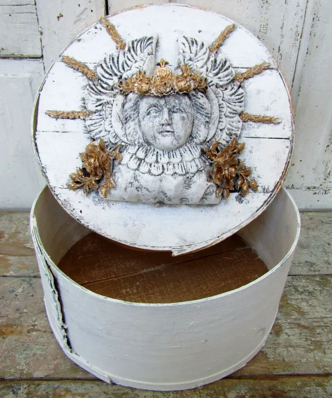 Santos cherub embellished large wood box organizer with lid, antique carved plaster sculpture with golden roses anita spero design