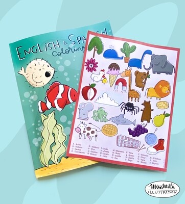 English/Spanish Coloring paperback book and print - Bundle