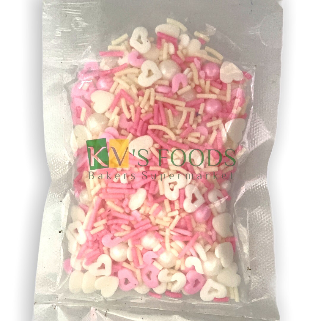 Pink & White Hearts, Vermicelli And Pearl Balls Mix Edible Confetti Sprinkles for Cake and Dessert Decoration