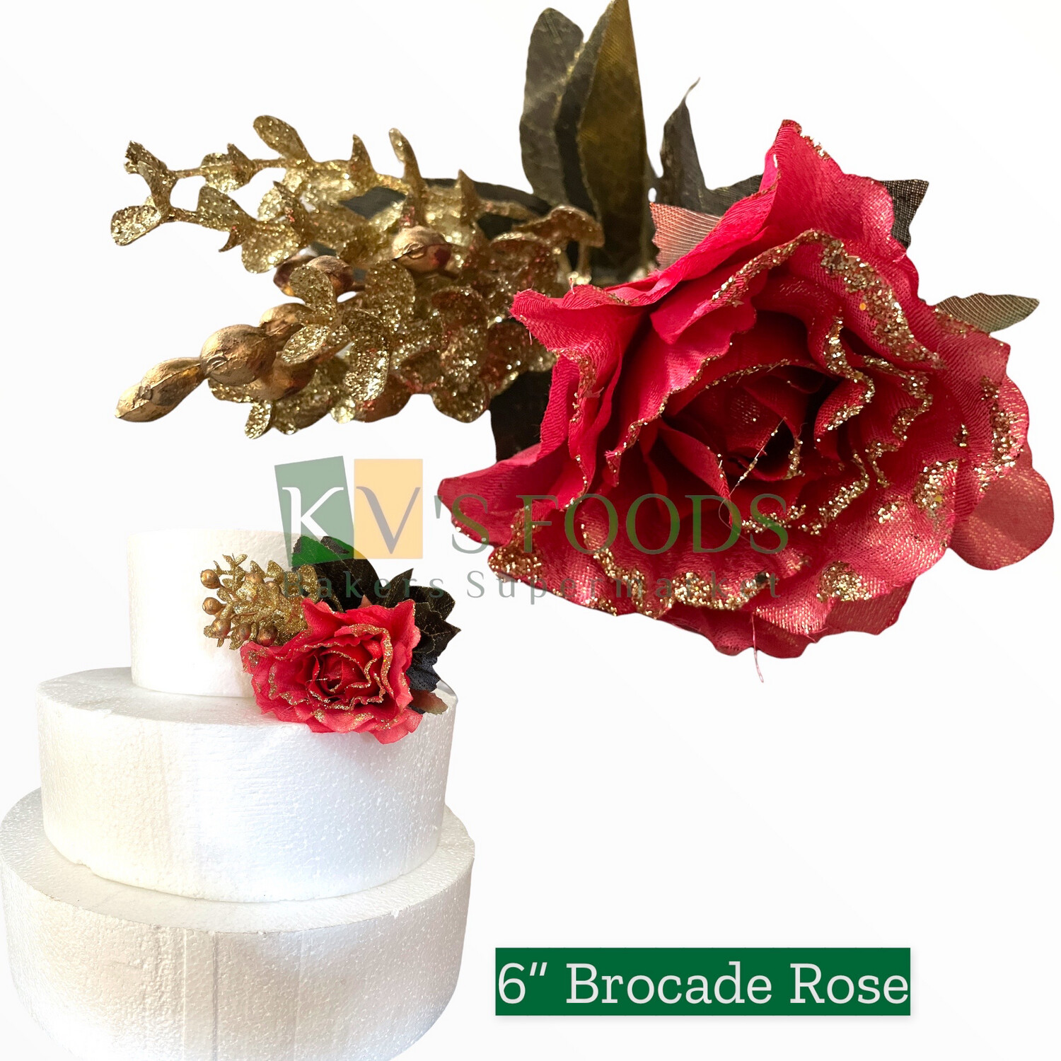 6” Non-edible Artificial Brocade Rose Flower RoseWood Color For Cake Decoration  | Wedding Cake Flower - KV’s FOODS