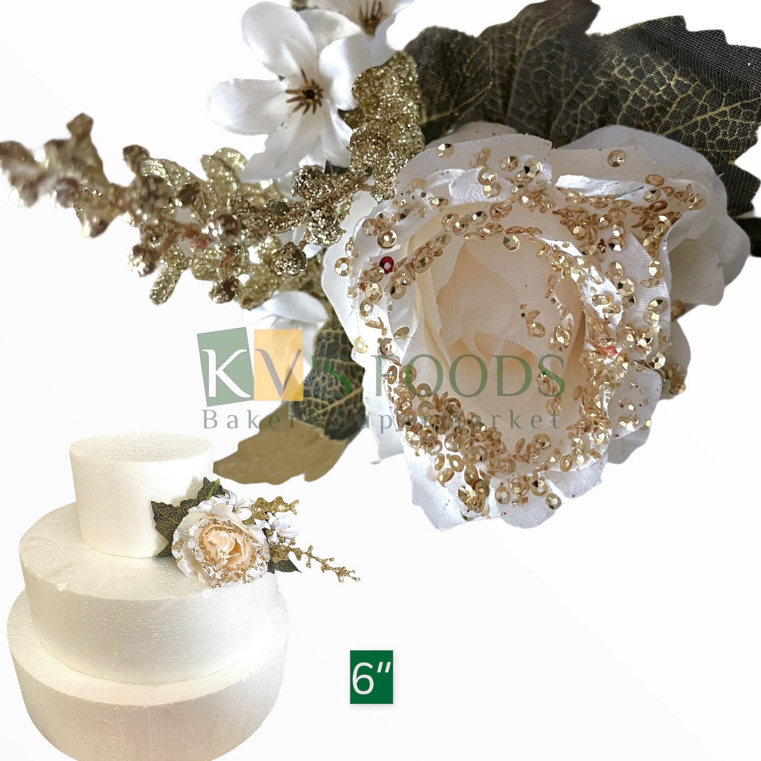 6” Non-edible Artificial Brocade Rose Flower White Color For Cake Decoration - KV’s FOODS