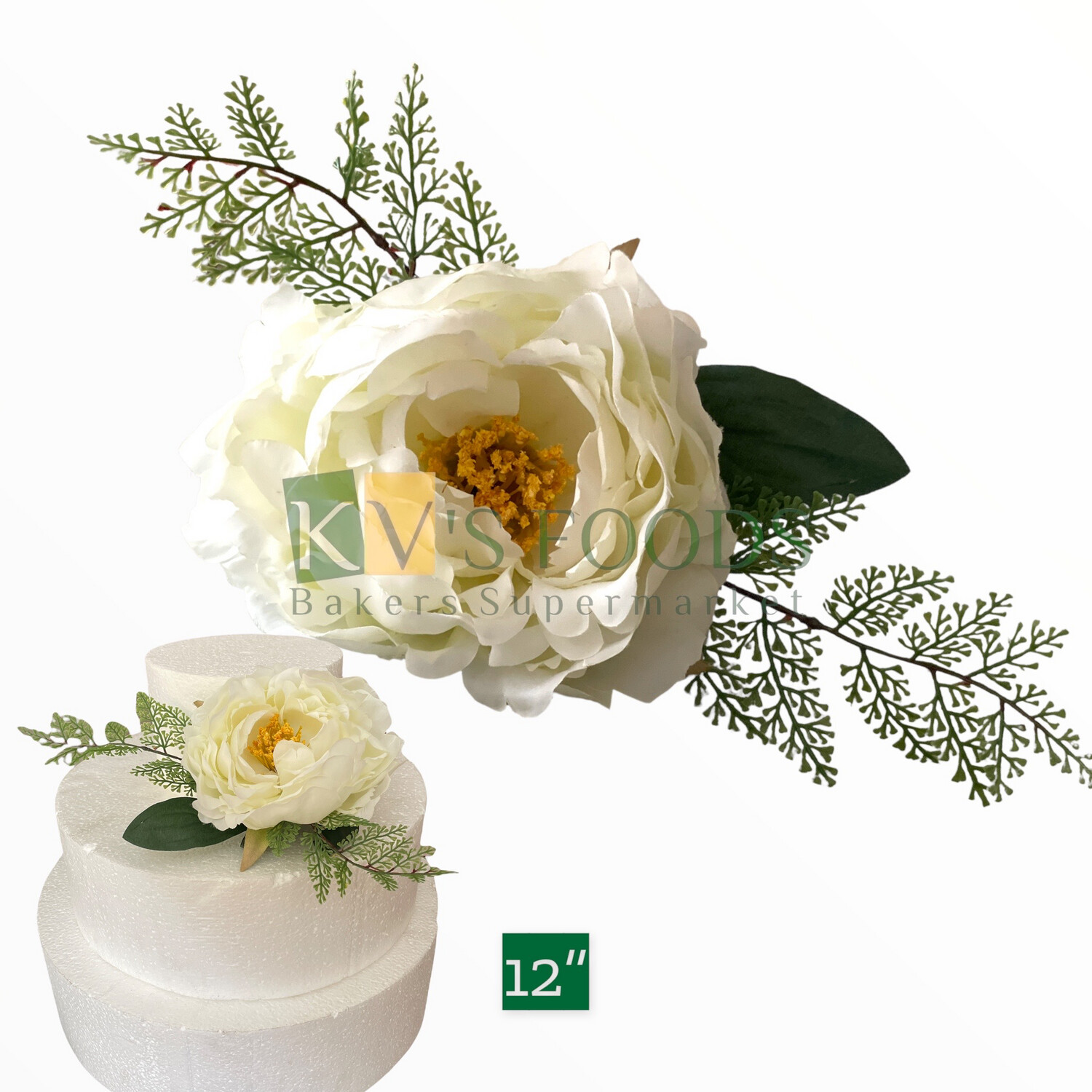 12” Non-edible Artificial Peony Rose Flower With Leaf Bunch for Cake Decoration | Wedding Cake Flower - KV’s FOODS