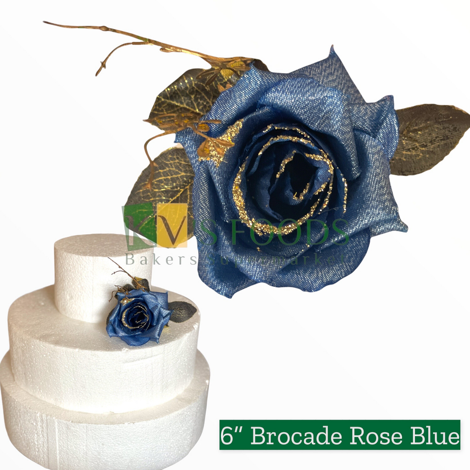 6” Non-edible Artificial Brocade Rose Blue Flower RoseWood Color For Cake Decoration  | Wedding Cake Flower - KV’s FOODS