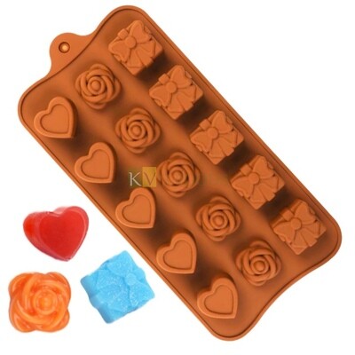 15 Cavity Heart, Rose &amp; Gift Box Mix Silicon Chocolate Mould, Sugar Craft, Cake Decoration Insert, Bite Size Pudding, Dessert, Jelly, Gummy, Garnishing, Candy, Pralines, Fondant, Baking DIY Food Decor