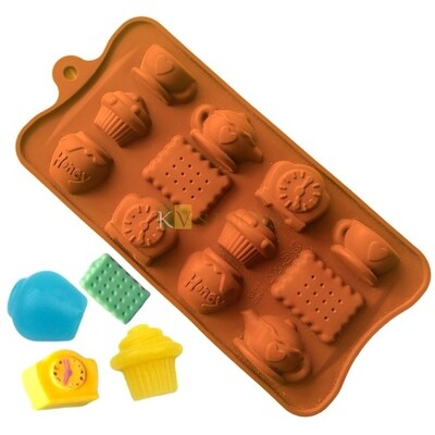 Tea Time Heart Tea pot Coffee Cups Biscuit Honey Clock Silicon Chocolate Mould, Sugar Craft, Cake Decoration, Pudding, Dessert, Jelly, Gummy, Garnishing, Candy,Pralines, Fondant, Baking DIY Food Decor