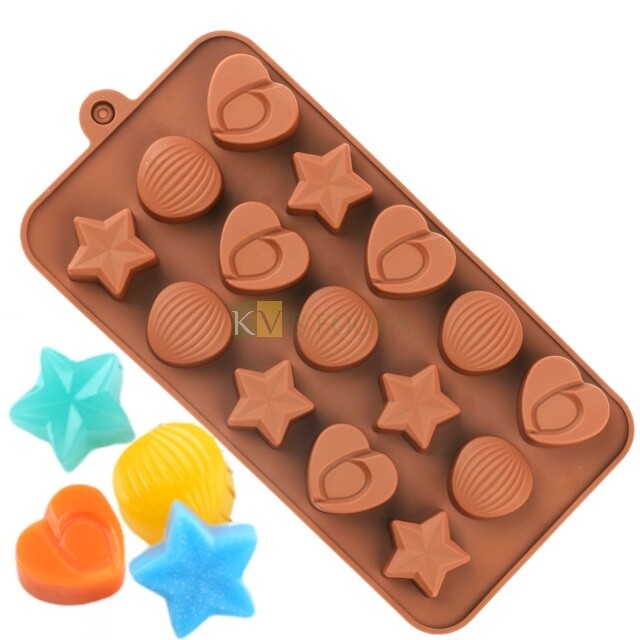 15-Cavity Hearts, Stars and Shells Shape Design Silicon Chocolate Mould, Sugar Craft, Cake Decoration, Pudding, Dessert, Jelly, Gummy, Garnishing, Candy,Pralines, Fondant, Baking DIY Food Decor