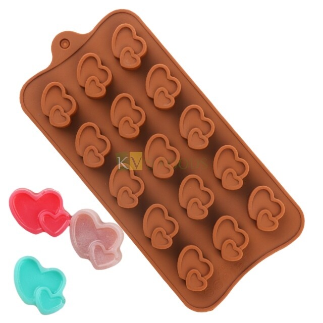 15 Cavity Double Heart, Heart in Heart Silicon Chocolate Mould, Sugar Craft, Cake Decoration, Pudding, Dessert, Jelly, Gummy, Garnishing, Candy,Pralines, Fondant, Baking DIY Food Decor