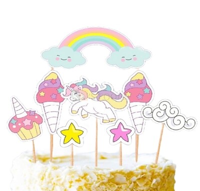 6 PC Unicorn Pastel Colour Theme with Rainbow Cake Topper Insert, Cake Topper, Cupcake Toppers Bday, Decorations Items/Cake Accessories, Tags, Cards, Cake Toothpick Topper