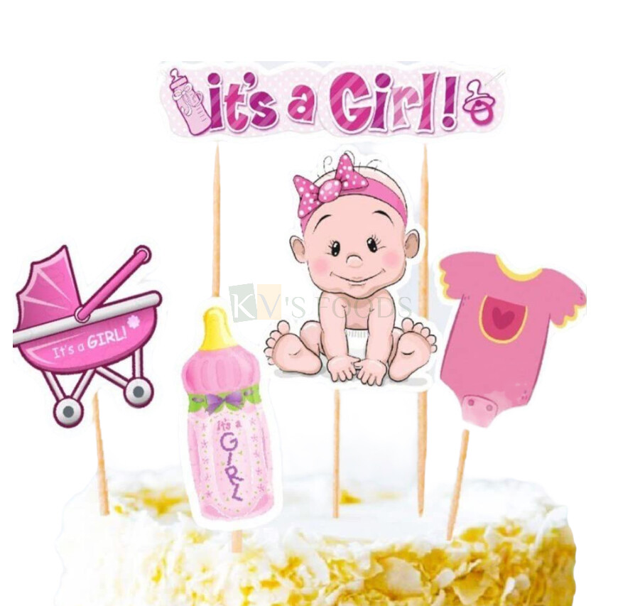 5 PC It's a Girl Theme, New Born Baby Girl, Welcome Baby Girl Home Cake Topper Insert, Cake Topper, Cupcake Toppers Bday, Decorations Items/Cake Accessories, Tags, Cards, Cake Toothpick Topper