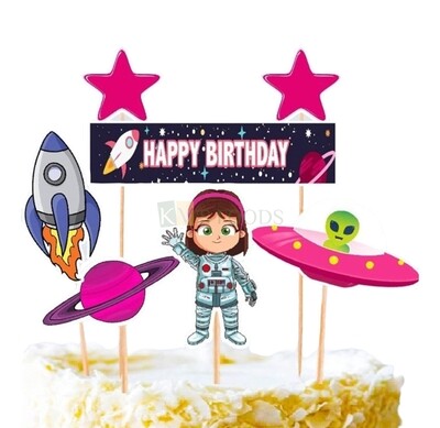 5 PC Astronaut Girl, Spaceship, Stars, Space &amp; Planets Theme, Home Cake Topper Insert, Cake Topper, Cupcake Toppers Bday, Decorations Items/Cake Accessories Tags, Cards, Birthday Cake Toothpick Topper