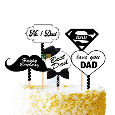 5 PC Happy Birthday Dad, Best Dad, No 1 Dad, Cake Topper Insert, Love U Dad Cupcake Toppers Bday Fathers Day Papa, Happy Birthday Decorations Items/Cake Accessories, Tags, Cards, Cake Toothpick Topper