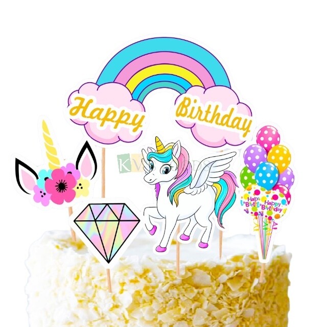 5 PC Unicorn, Horn with Ears, Diamond, Balloons Theme, Cake Topper Insert, Cupcake Toppers Bday, Girls, Friends Bday Decorations Items/Cake Accessories, Tags, Cards, Birthday Cake Toothpick Topper