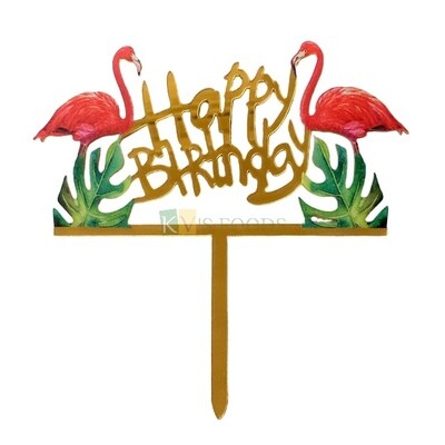 1 PC  Gold Mirror Acrylic Double Flamingo Tropical Leaves Cake Topper Decor for Theme Birthday Party Cake | Hawaiian Luau Birthday | Tropical Flamingo