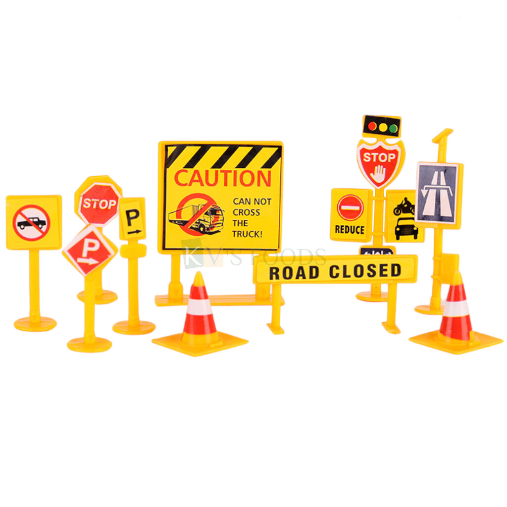 9PC Road Engineering Construction Excav Traffic Signpost Road Sign and Barricade, Road Closed, Work In Progress, Stop, Signal Set Model Toys Toppers and Inserts for Construction Vehicle Theme Cake