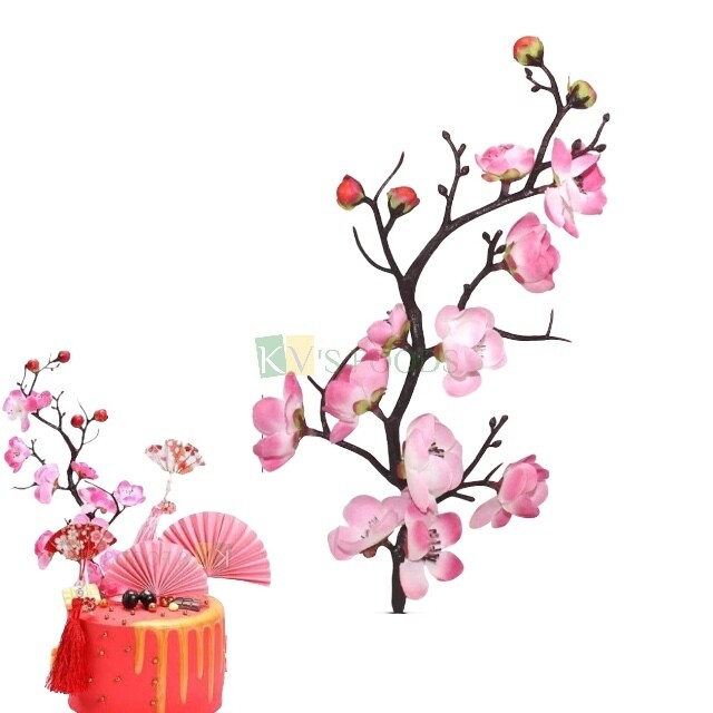 1PC Pink Colour Plum Cherry Blossom Flowers Stem Branches Cake Topper, Insert Cake Decor, Height 28.5 cm for Wedding Anniversary Engagement Christmas Cakes Topper, Bouquet Vase DIY Cake Decorations