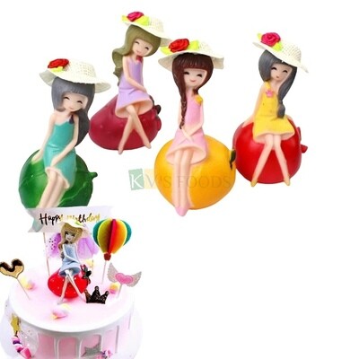 1PC Fruit Doll Kawaii girl toy models Cute Girls Waring Hat Sitting on Cake Fruit Strawberry, Lemon, Watermelon Bean Girl Decor Accessories Cake Topper Figurine