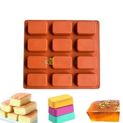 12 Cavity Rectangle Rounded Corner Mini Bread, Loaf, Brownie, Mousse, Dessert Bakeware, Cornbread, Muffin Silicon Non-stick Mould Multi Purpose, Handmade Soap, Ice Cream, Candle Jelly Pudding Cake DIY