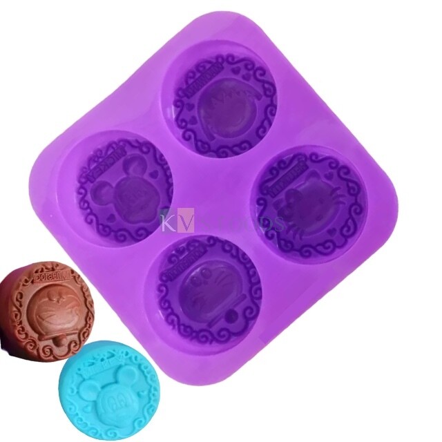 4-Cavity Micky HelloKitty Xiaowanz Doraemen Silicon Mould Chocolate, Mousse, Dessert, Bakeware, Mini Bread Loaf, Brownie, Cornbread, Muffin, Handmade Soap, Ice Cream, Jelly Pudding Cake DIY Tools