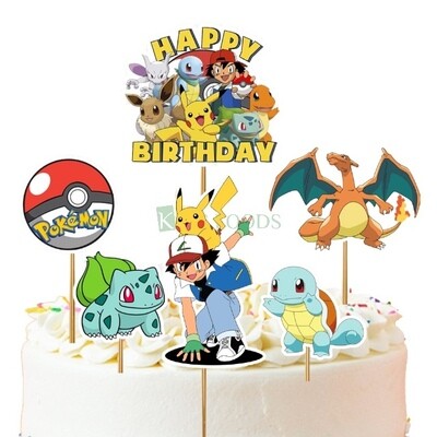 6 PC Pokemon Pikachu Cartoon Theme, Cake Topper Insert, Cake Topper, Cupcake Toppers Bday, Girls, Boys, Friends Bday Decorations Items/Cake Accessories, Tags, Cards, Cake Toothpick Topper