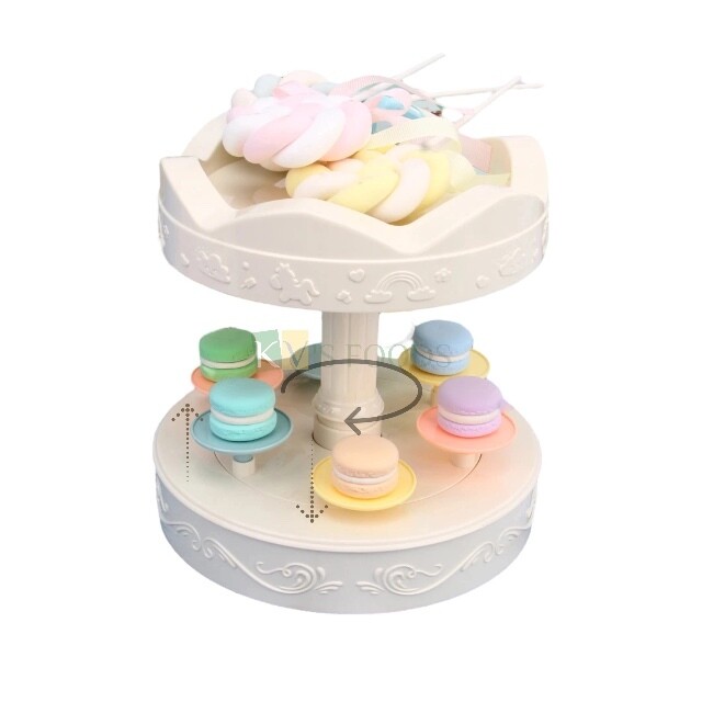 2 Tiers Auto 360 Degree Rotating Cake Stand 6PC Cupcake, Macaroon Dessert Plates Display Go Round Party Decoration Carousel Cake Machine Small Rotary Automatic Revolving Dessert Cake Booth Rack Stand